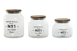 DKD Home Decor Bote Basicos Set 3 Piezas 16 x 21 x 16 cm Cristal y Acacia Natural Apto para Lavavajillas