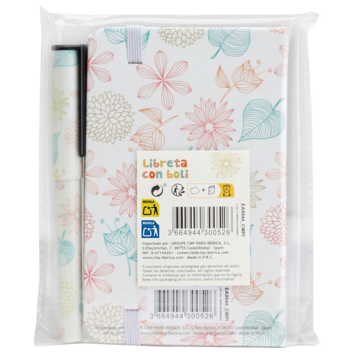 CMP General Libreta con Bolígrafo "Hojas" cmP General, Tapas Duras, 160 Páginas Blancas, Marcador y Goma