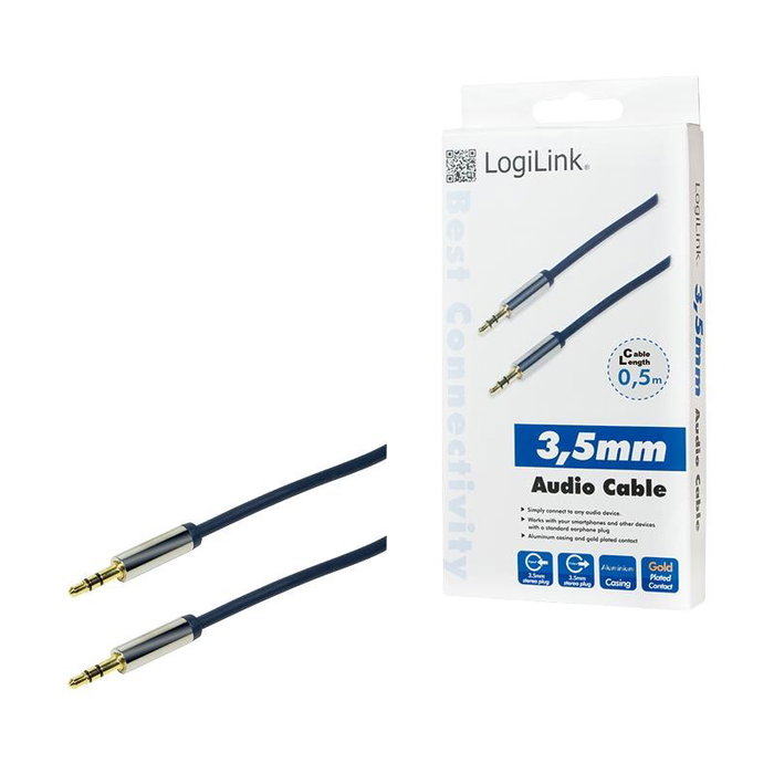 LogiLink Cable de audio 3,5 mm 3-pin/M a 3,5 mm 3-pin/M, metal, azul, 0,5 m LogiLink Cable de audio 3,5 mm 3-pin/M a 3,5 mm 3-pin/M, metal, azul, 0,5 m