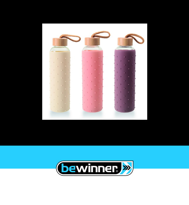 Inde Botella de Agua de Vidrio y Silicona Bewin 600 ml 7.2 x 7.2 x 24.5 cm (24 Unidades)
