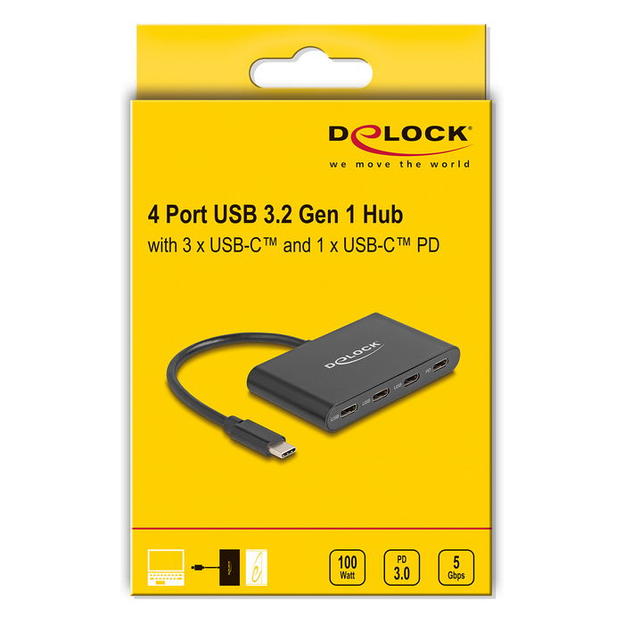 Delock Hub USB-C con 4 Puertos, USB 3.2 Gen 1, 3 x USB-C + 1 x USB-C PD de 100 W, 5 Gbit/s, Aluminio Negro para Windows, Mac, Linux, iOS Delock Hub USB-C con 4 Puertos, USB 3.2 Gen 1, 3 x USB-C + 1 x USB-C PD de 100 W, 5 Gbit/s, Aluminio Negro para Windows, Mac, Linux, iOS