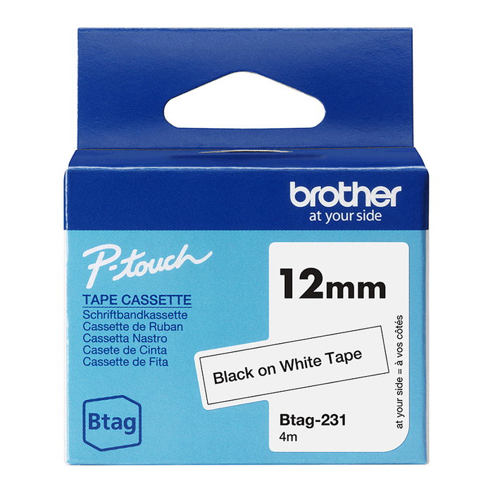 Brother Cinta BTAG231 Negro sobre Blanco 12 mm x 4 m