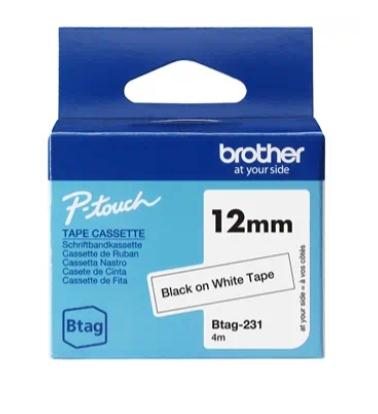 Brother Cinta BTAG231 Negro sobre Blanco 12 mm x 4 m