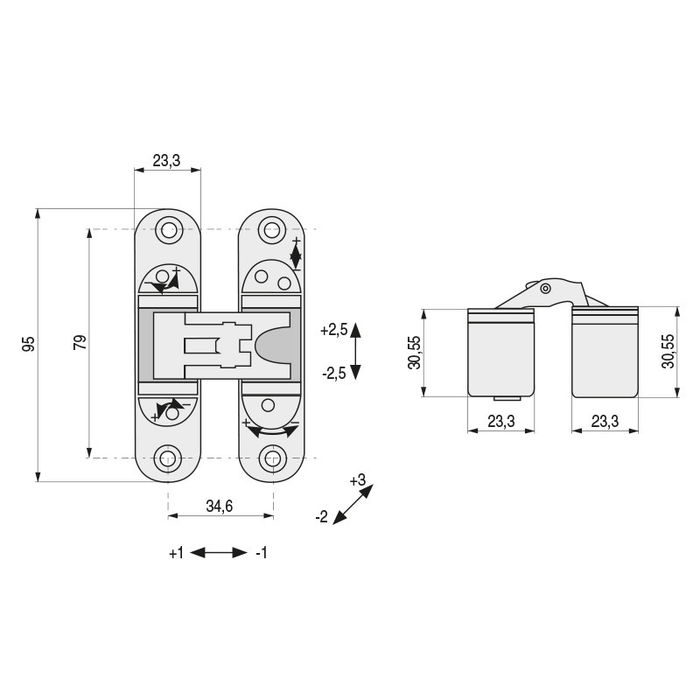 Koblenz Bisagra Invisible de Puerta K-6300 K6200 95x60mm, Regulacion 3D, 60 kg Max, Niquel Satinado, Con Tapas Embellecedoras, Para Puertas de 40-60mm de Espesor
