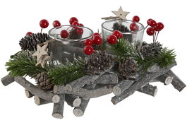 DKD Home Decor Portavelas Navidad Alpina Marron Rojo 14 x 8 x 21 cm (2 Unidades) Madera Cristal Pinas Hecho a Mano