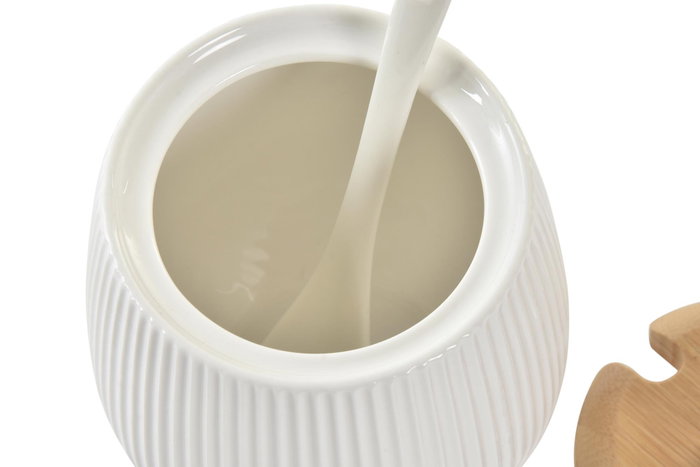 DKD Home Decor Set de 4 Salseras de Porcelana y Bambú Blanco y Natural