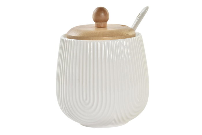 DKD Home Decor Set de 4 Salseras de Porcelana y Bambú Blanco y Natural