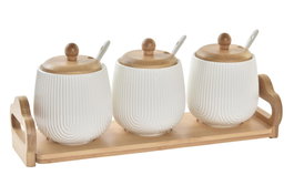 DKD Home Decor Set de 4 Salseras de Porcelana y Bambú Blanco y Natural