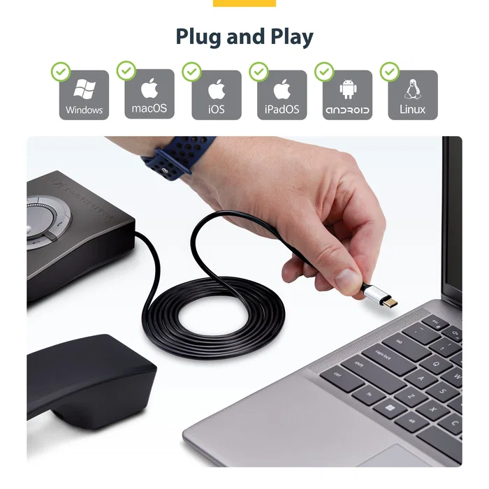 Startech UR9-HEADSET|ADAPTER - Adaptador USB-C a RJ9 para Auriculares/Teléfono, Cable 1.8m, Negro, Plug & Play (Windows, Mac, Android, iOS)