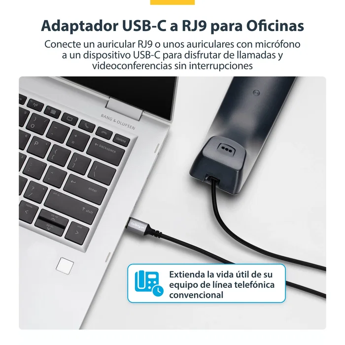 Startech UR9-HEADSET|ADAPTER - Adaptador USB-C a RJ9 para Auriculares/Teléfono, Cable 1.8m, Negro, Plug & Play (Windows, Mac, Android, iOS)