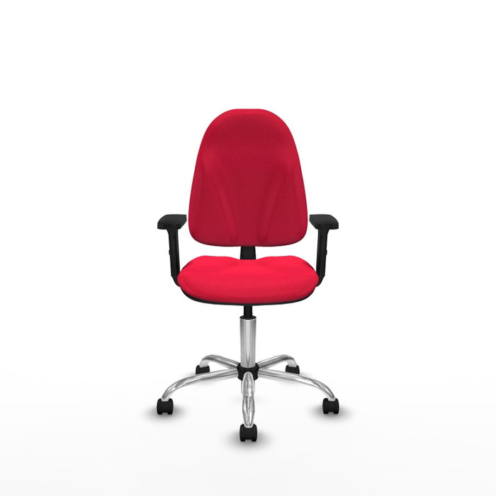 Silla de oficina Algarra con mecanismo Contacto permanente básico tapizada con Tela color Rojo. Equipada con Base cromada, Brazos 2D y Ruedas de nailon 50 mm