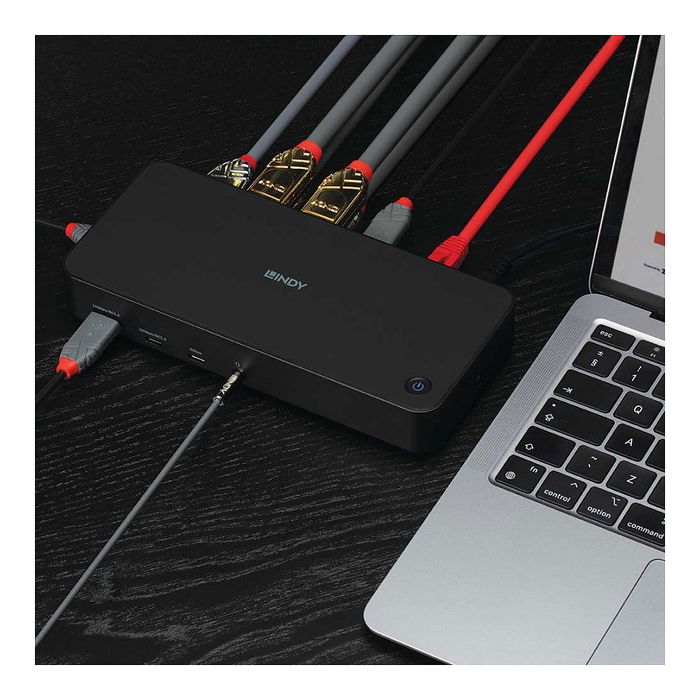 LINDY 43366 DST-Pro UniversalDock USB 3.2 Gen 2 Type-C Hub de Ordenador Portátil con 3 HDMI, 2 DisplayPort, Ethernet, Negro