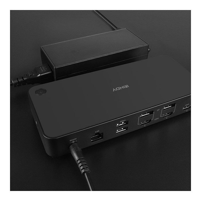 LINDY 43366 DST-Pro UniversalDock USB 3.2 Gen 2 Type-C Hub de Ordenador Portátil con 3 HDMI, 2 DisplayPort, Ethernet, Negro