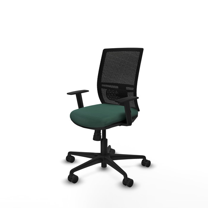 Silla de oficina Yunquera con mecanismo Sincro tapizada con Tela color Verde botella y malla color Negro. Equipada con lumbar 1D, Brazos 1D y Ruedas 65mm nailon