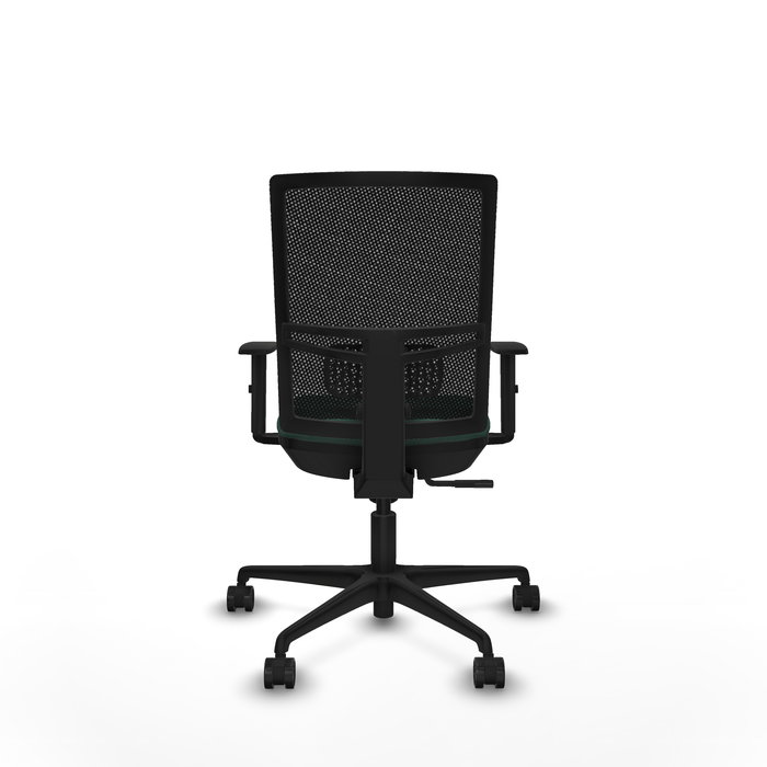 Silla de oficina Yunquera con mecanismo Sincro tapizada con Tela color Verde botella y malla color Negro. Equipada con lumbar 1D, Brazos 1D y Ruedas 65mm nailon