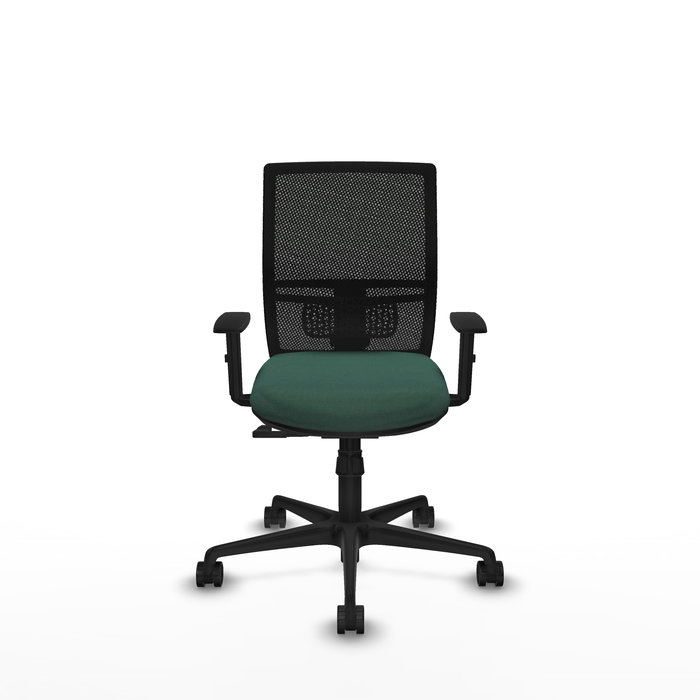 Silla de oficina Yunquera con mecanismo Sincro tapizada con Tela color Verde botella y malla color Negro. Equipada con lumbar 1D, Brazos 1D y Ruedas 65mm nailon