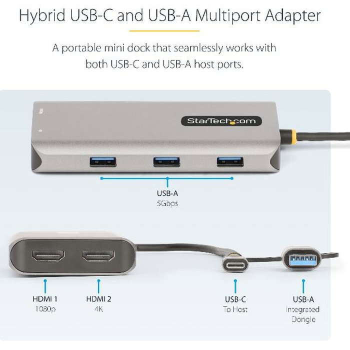 StarTech.com Adaptador Multipuerto con Doble HDMI y 3 Puertos USB-A, Plata