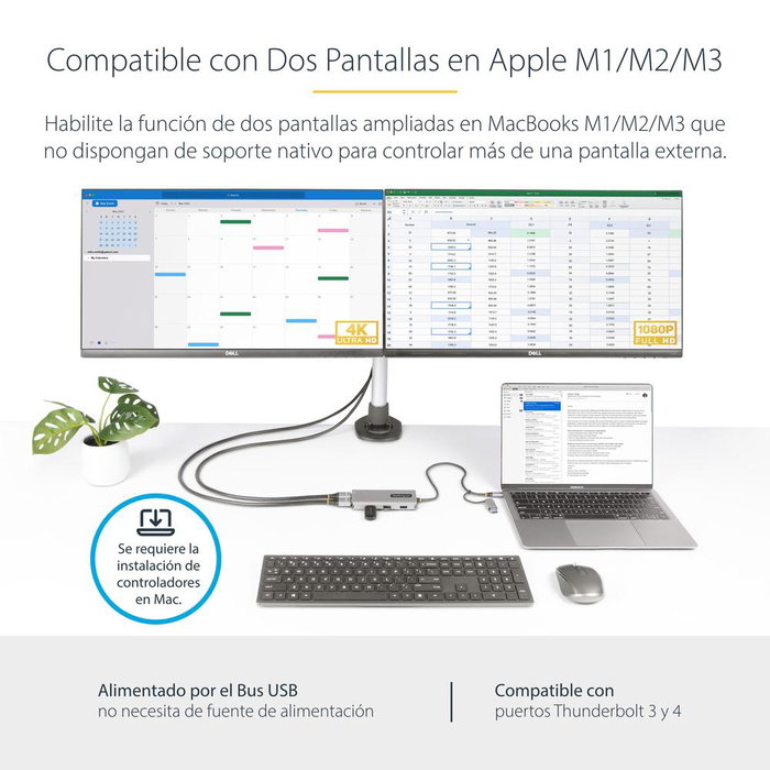 StarTech.com Adaptador USB-C Multiport con Dongle USB-C a USB-A, Doble HDMI (4K30Hz/1080p60Hz), 3 puertos USB-A, Mini