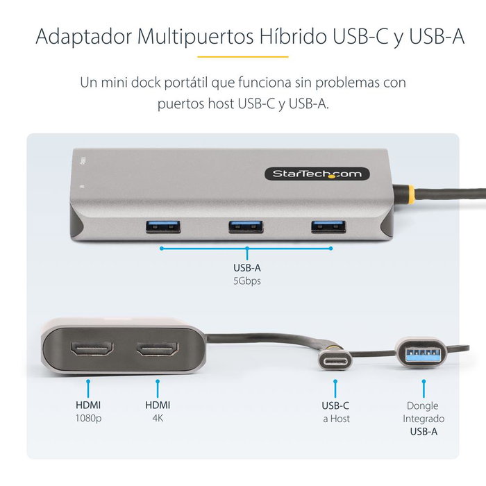 StarTech.com Adaptador USB-C Multiport con Dongle USB-C a USB-A, Doble HDMI (4K30Hz/1080p60Hz), 3 puertos USB-A, Mini