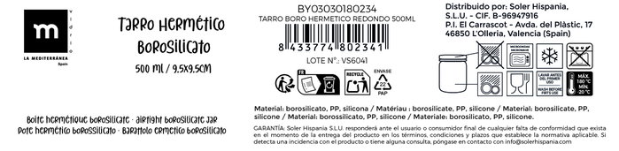 La Mediterranea Tarro Boro Hermético Redondo 500ml La Mediterranea Tarro Boro Hermético Redondo 500ml