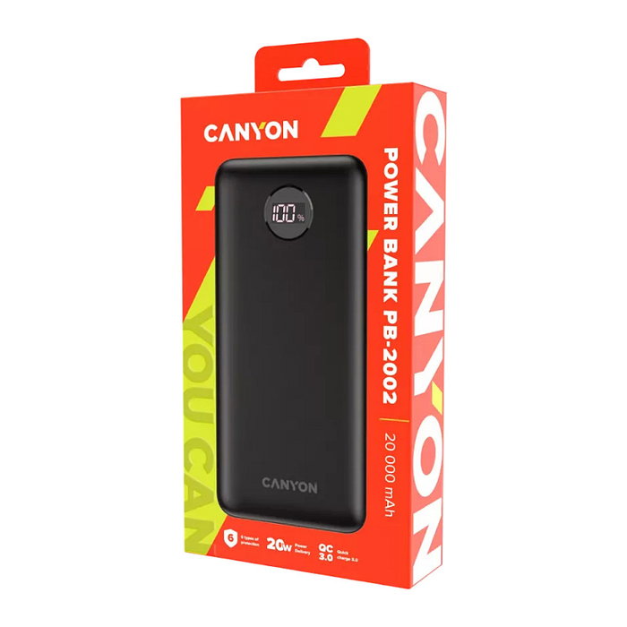 Canyon PB-2002 Powerbank 20000 mAh Negro Carga Rápida Quick Charge 3.0 y PD20W, 2 Puertos USB, Pantalla LED