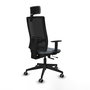 Silla de oficina Horna con mecanismo Sincro/Traslack tapizada con Tela color Gris y malla color Negro. Equipada con lumbar 1D, Brazos 1D, Cabecero 2D y Ruedas 65 mm parqué