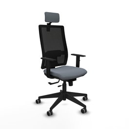 Silla de oficina Horna con mecanismo Sincro/Traslack tapizada con Tela color Gris y malla color Negro. Equipada con lumbar 1D, Brazos 1D, Cabecero 2D y Ruedas 65 mm parqué
