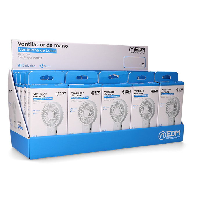 Edm Ventilador de Mano Recargable USB-C con Base Extraíble y Soporte para Smartphone, 3 Velocidades, 1h Autonomía, 400 mAh, Expositor de 25 uds Edm Ventilador de Mano Recargable USB-C con Base Extraíble y Soporte para Smartphone, 3 Velocidades, 1h Autonomía, 400 mAh, Expositor de 25 uds