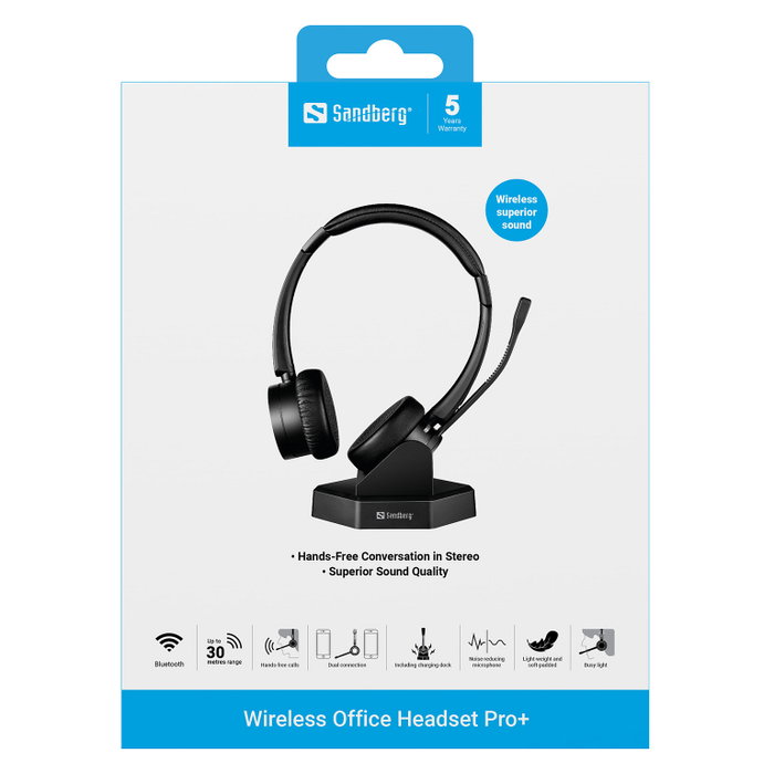 Sandberg Wireless Office Headset Pro+ Negro con Micrófono Boom Sandberg Wireless Office Headset Pro+ Negro con Micrófono Boom