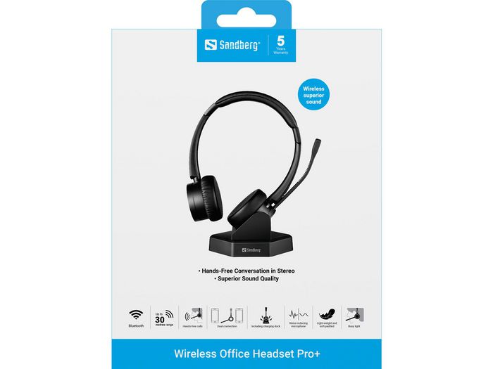 Sandberg Wireless Office Headset Pro+ Auriculares Estéreo Inalámbricos para Móvil y PC con Doble Conexión y Base de Carga