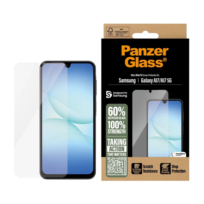 PanzerGlass Protector de Pantalla Samsung Galaxy A17 / A17 5G Ultra-Wide Fit con EasyAligner - Transparente, Resistente a Rayones y Golpes, Aplicación en Seco, 1 Unidad