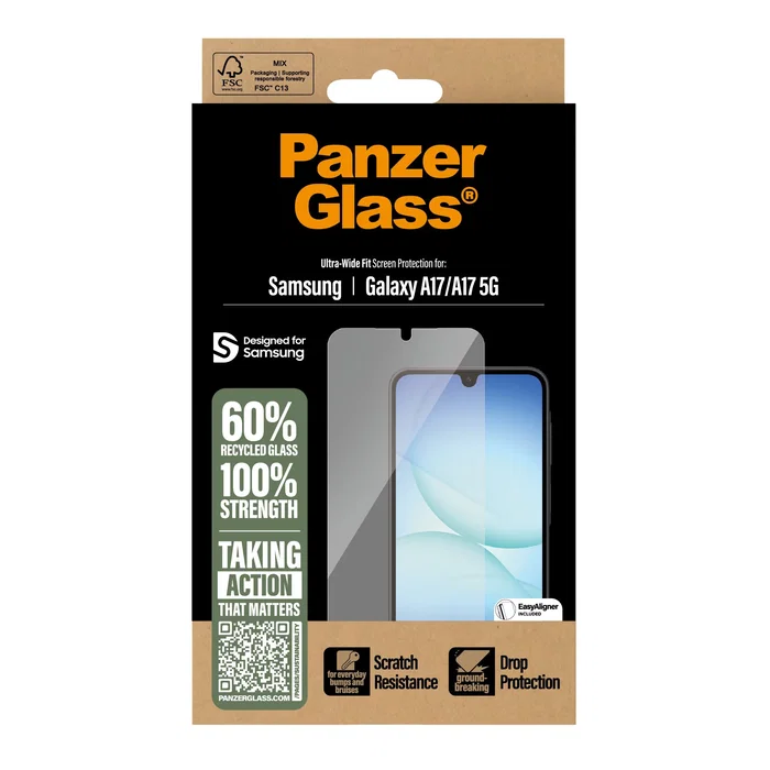 PanzerGlass Protector de Pantalla Samsung Galaxy A17 / A17 5G Ultra-Wide Fit con EasyAligner - Transparente, Resistente a Rayones y Golpes, Aplicación en Seco, 1 Unidad