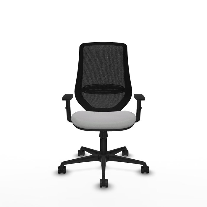 Silla de oficina Mardos con mecanismo Sincro tapizada con Tela color Gris claro y malla color Negro. Equipada con lumbar 1D, Brazos 1D y Ruedas 65mm nailon