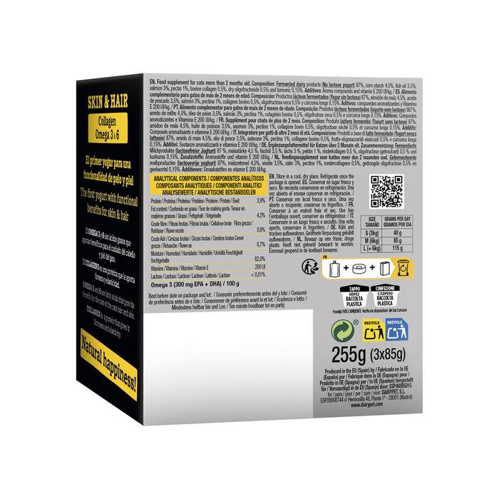 Yow Up! Yogur sin Lactosa para Gatos Skin&Hair 3x85g - Con Aceite de Pescado, Salmón, Omega 3, Colágeno - Cuidado de Piel y Pelo