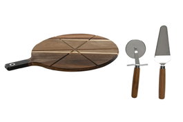 DKD Home Decor Set de 3 Tablas de Cortar de Acacia e Inox para Pizza