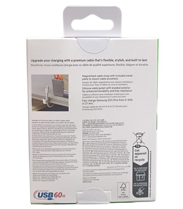 Belkin Cable USB-C a USB-C BoostCharge Pro Flex Trenzado 3 Metros Blanco - Modelo CAB011BT3MWH