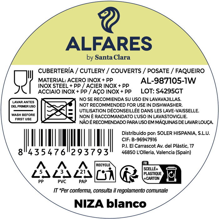 Inde Cubertería Niza, 16 Piezas de Acero Inoxidable, Color Blanco Aluminio, Juego de Cubiertos Completo (3 Unidades)