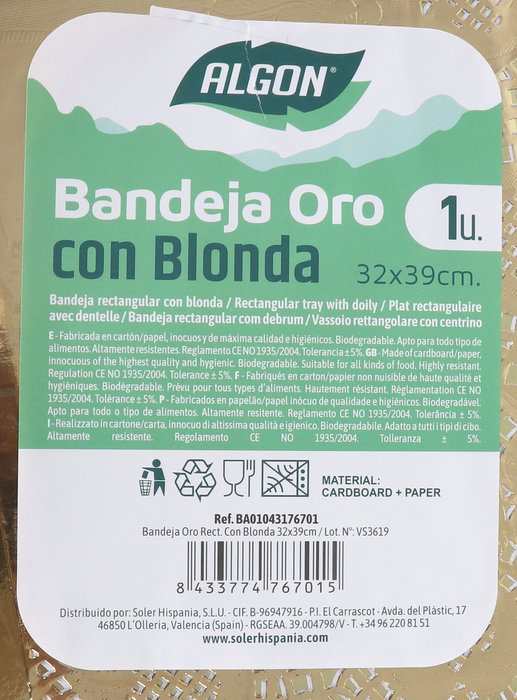 Algon Bandeja Rectangular Dorada con Blonda 32 cm x 39 cm (36 Unidades)