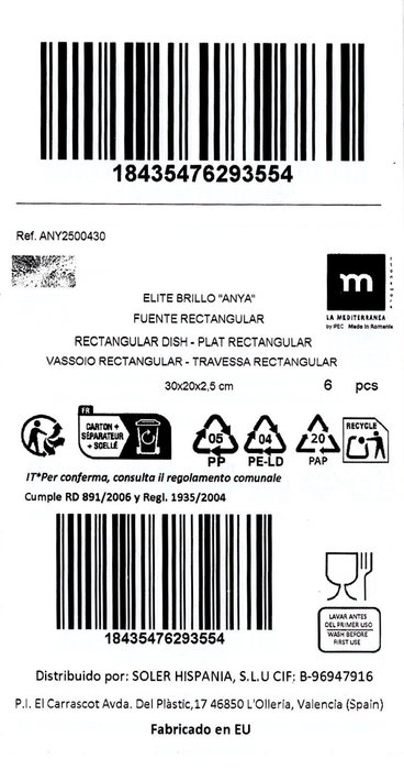 La Mediterranea Fuente Rectangular Anya Elite Brillo 30x20cm (Pack de 6) skus: B14P52DB74