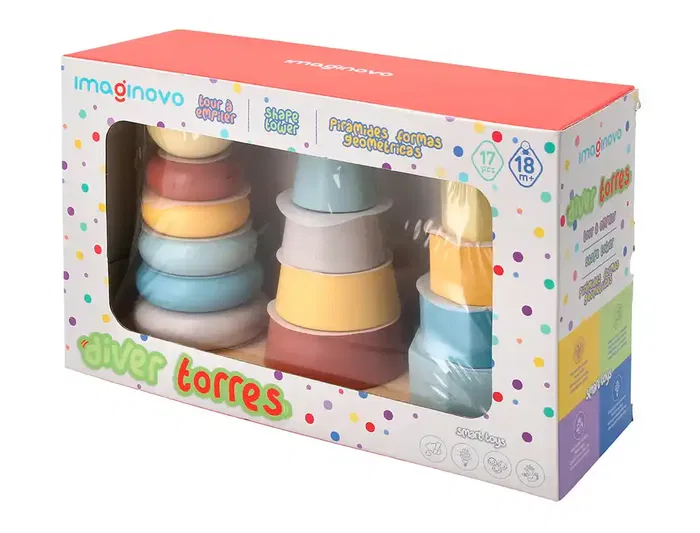 Imaginovo Torre de Formas Apilables Madera Infantil +18 Meses 17 Piezas 28x20x9cm Juguete Educativo