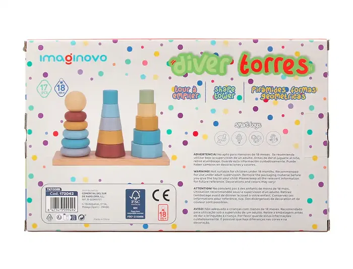 Imaginovo Torre de Formas Apilables Madera Infantil +18 Meses 17 Piezas 28x20x9cm Juguete Educativo