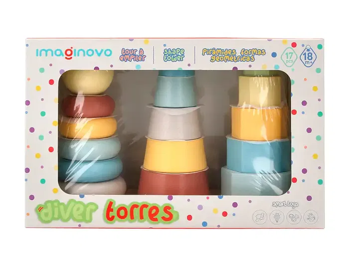 Imaginovo Torre de Formas Apilables Madera Infantil +18 Meses 17 Piezas 28x20x9cm Juguete Educativo