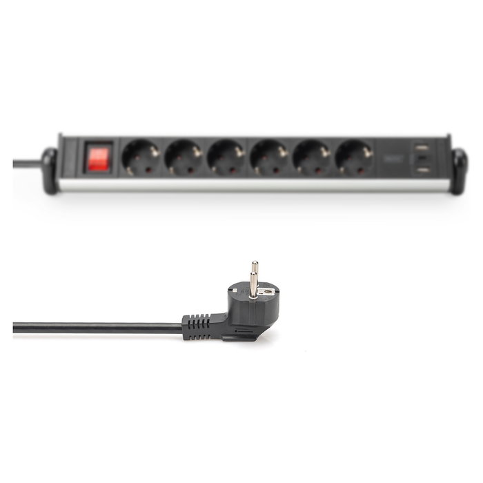 Digitus Regleta 6 Enchufes con 2 USB-A 1 USB-C y Interruptor Negro/Plata