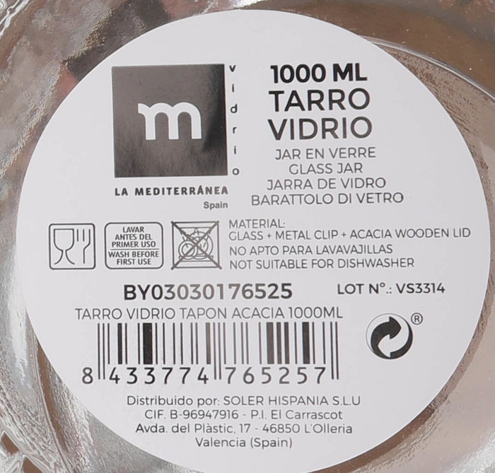 La Mediterranea Tarro de Vidrio con Tapón de Acacia 1000ml (Pack de 12 Unidades)