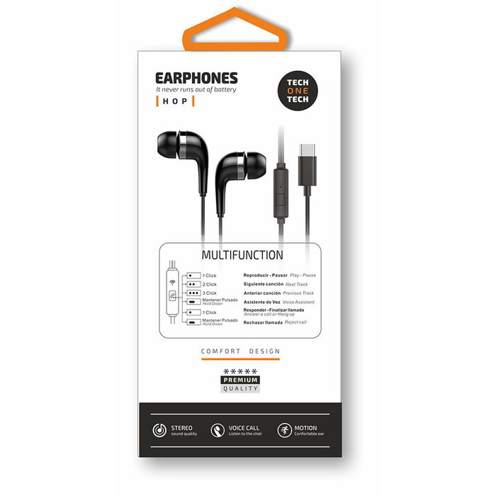 Hop Auriculares Intraurales con Cable USB-C, Micrófono, Controles y Compatibilidad Apple/Android/Windows - Negro