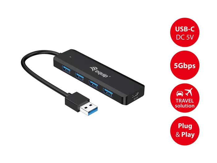 Equip Hub USB 3.2 Gen 1 (5Gbps) de 5 Puertos (4x USB-A + 1x USB-C), 0.15m Cable Negro - 128959 Equip Hub USB 3.2 Gen 1 (5Gbps) de 5 Puertos (4x USB-A + 1x USB-C), 0.15m Cable Negro - 128959
