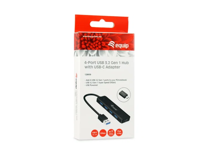 Equip Hub USB 3.2 Gen 1 (5Gbps) de 5 Puertos (4x USB-A + 1x USB-C), 0.15m Cable Negro - 128959 Equip Hub USB 3.2 Gen 1 (5Gbps) de 5 Puertos (4x USB-A + 1x USB-C), 0.15m Cable Negro - 128959