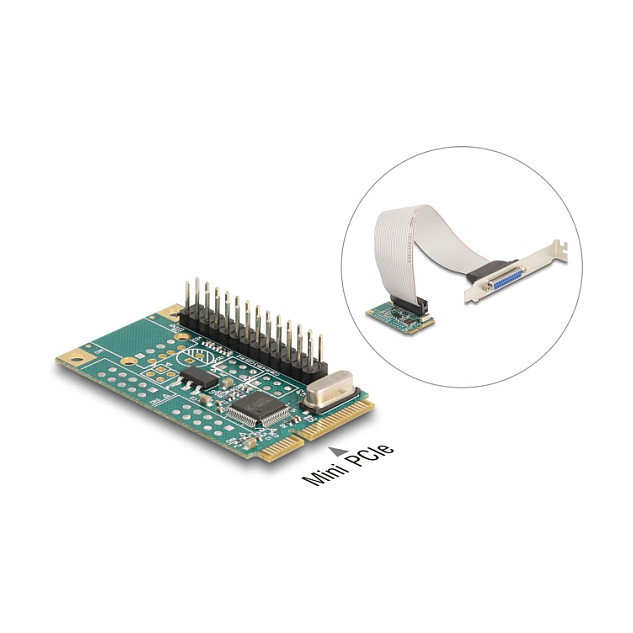 DeLOCK 95275 Adaptador Mini PCIe a Puerto Paralelo Interno, Verde, Compatible con Windows 10/11 y Linux