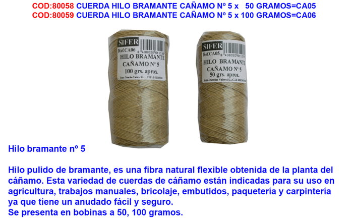 Cuerda de hilo bramante de cáñamo Nº 5 de 100 gramos Cuerda de hilo bramante de cáñamo Nº 5 de 100 gramos