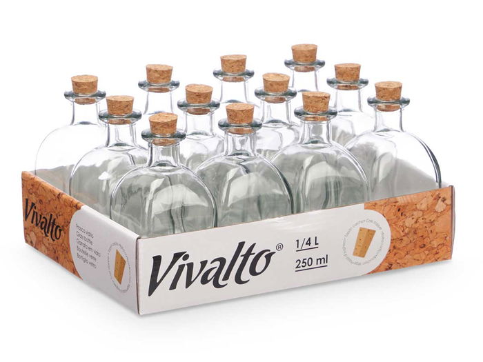 Vivalto Frasca Vidrio 250 ml con Tapon de Corcho, Transparente, 6.5x14x6.5 cm (Set de 36)